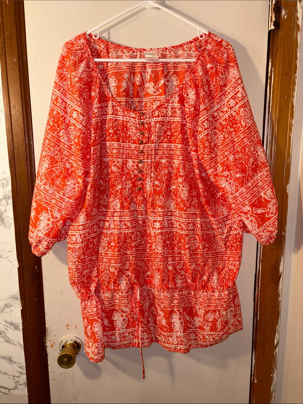 Just My Size Orange color Paisley Peasant Top w/ drawstring at waist